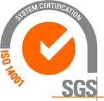 Logo em laranja e cinza com os escritos ISO 14001 System Certificat SGS, indicando uma das certificações da Corpus.