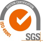 Logo em laranja e cinza com os escritos ISO 45001 System Certificat SGS, indicando uma das certificações da Corpus.